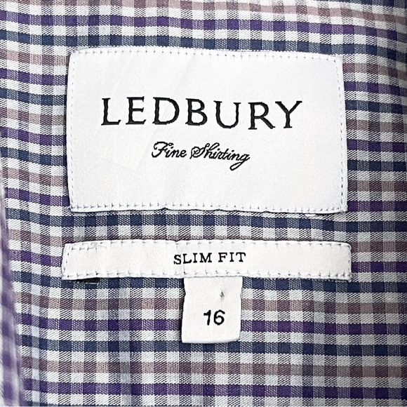 Ledbury Men’s Slim Fit 100% Cotton Purple Gingham Check size 16 - Picture 4 of 4